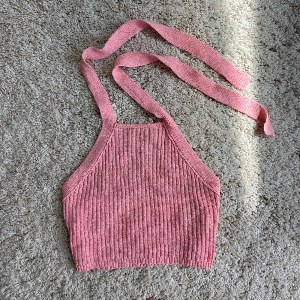 Pink Knit Tie Halter Top